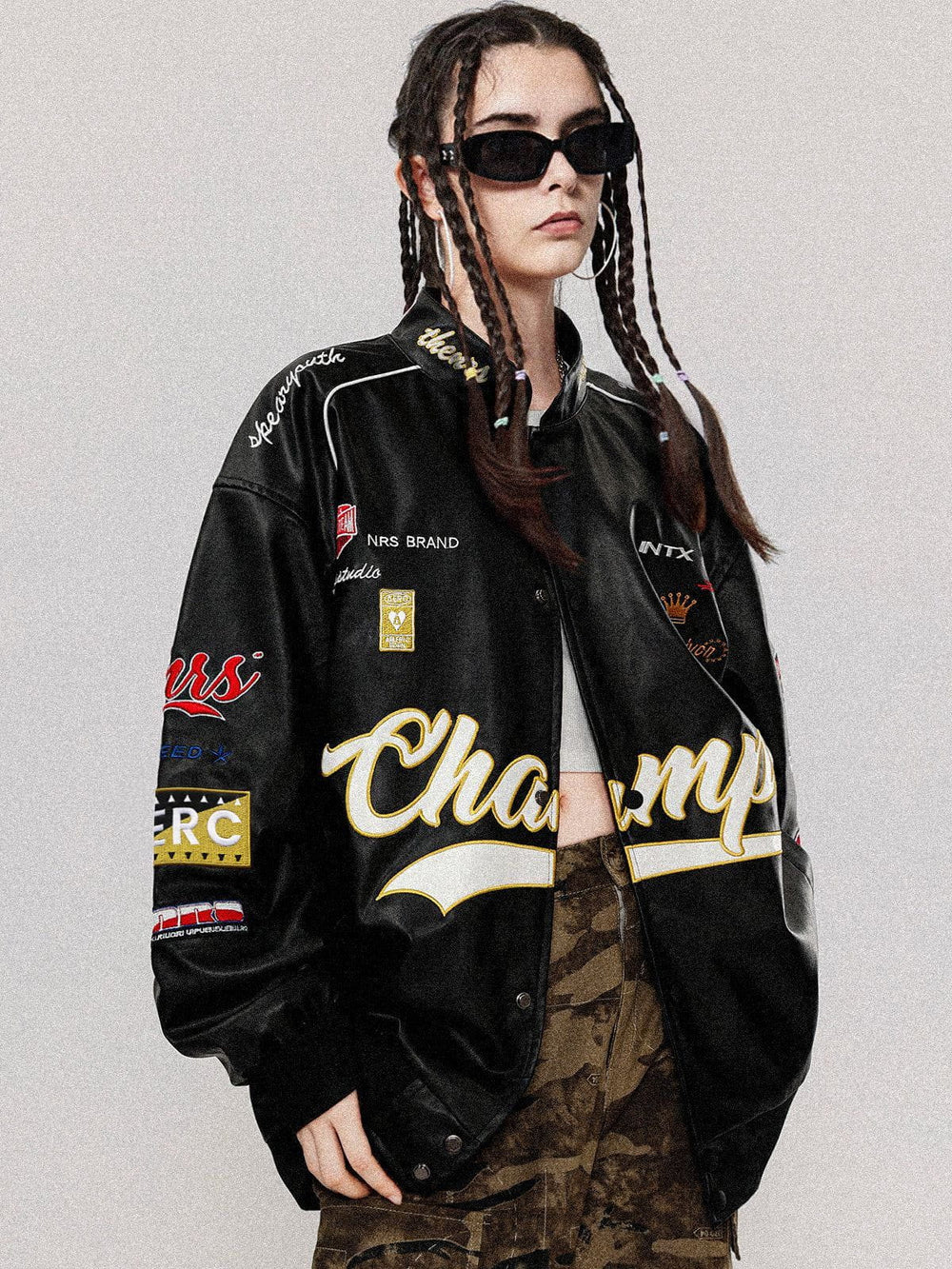 Aelfric Eden Giacca da donna in ecopelle, cropped, stile racing, con cerniera, patchwork, stampa con lettere, giacca da motociclista, hip-hop, Y2K, streetwear, Blu, XS
