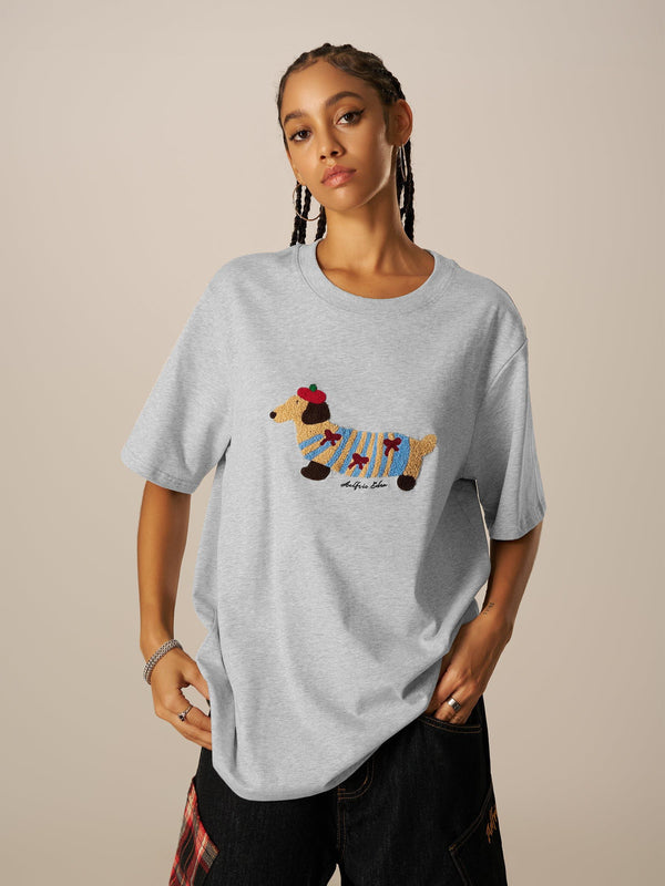 Aelfric Eden – T-Shirt mit Cartoon-Hundestickerei