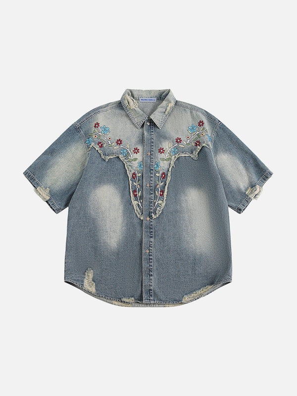 Aelfric Eden Flower Embroidery Denim Short Sleeve Shirt