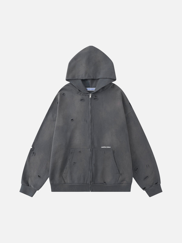 Aelfric Eden Washed Distressed Zip Up Hoodie