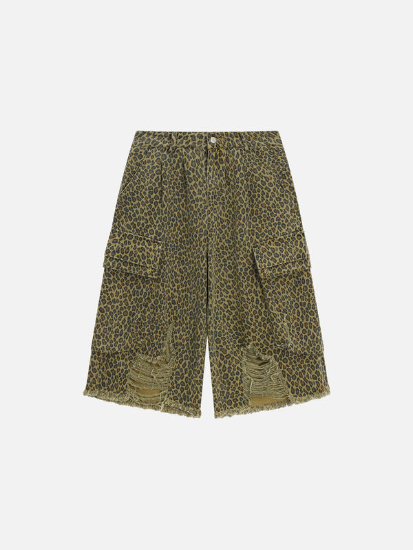 Aelfric Eden Leopardenmuster-Shorts im Used-Look mit langer Passform