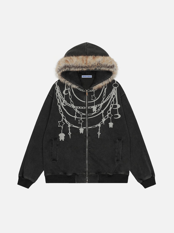 Aelfric Eden Chain Print Fur Collar Zip Up Hoodie