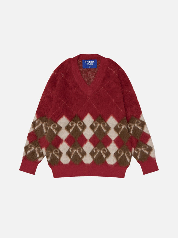 Aelfric Eden Christmas Rhomboid Bow V-Neck Sweater