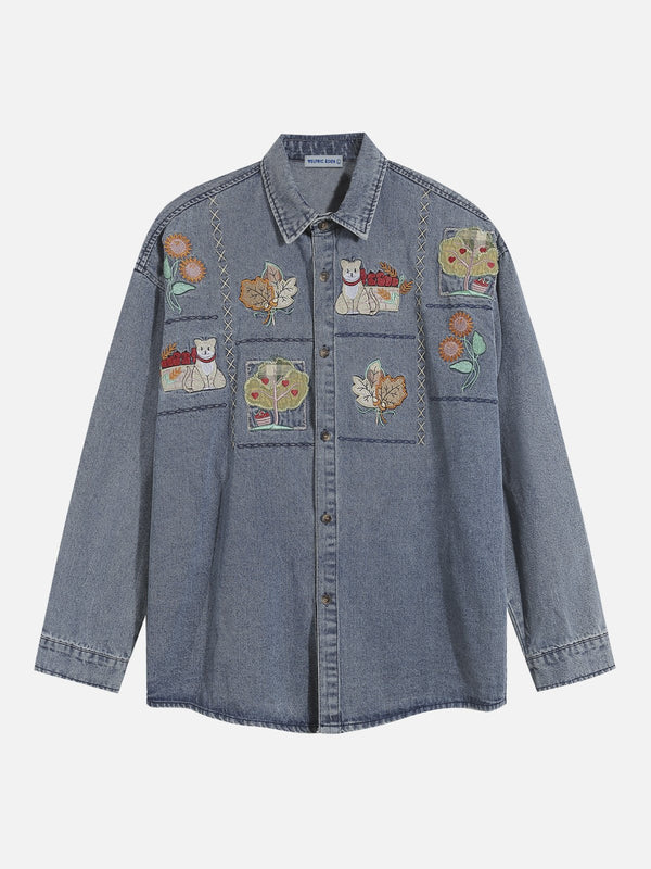 Aelfric Eden – Langärmliges Denim-Hemd mit Cartoon-Stickerei