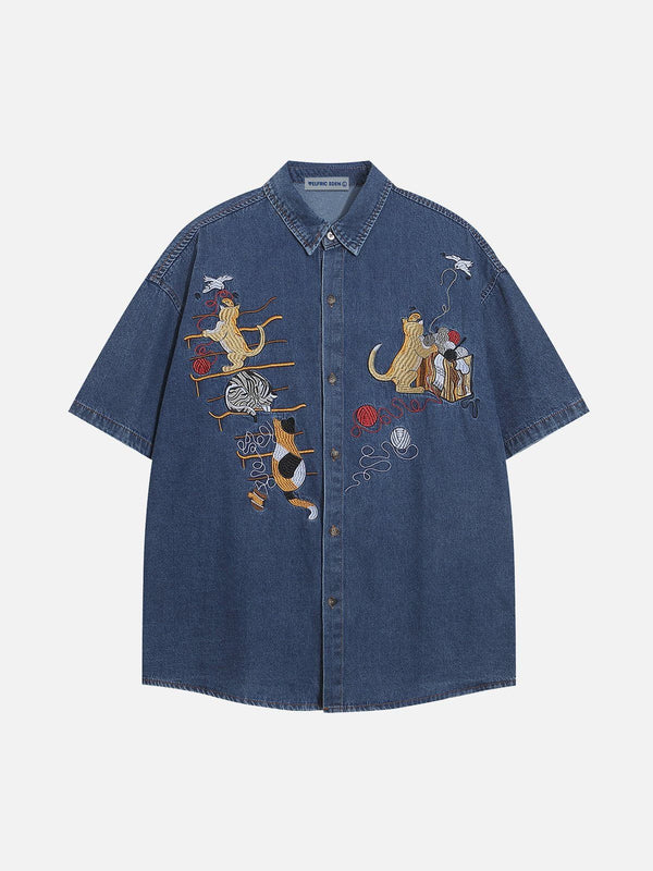 Aelfric Eden Embroidery Cat Denim Short Sleeve Shirt